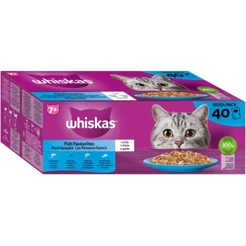 Mega Pack 7+ Fisch Auswahl in Gelee 40 x 85g Whiskas Fish Favourites Mega-Pack mit dem Gesicht einer grauen Katze und einer blauen Futterschüssel, die hochwertige Zutaten und Ernährung zeigt.