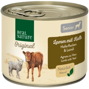 Konserviertes Haustierfutter mit der Bezeichnung "Real Nature Original", das "Lamm mit Kalb" (Lamm mit Kalb) mit Hafer und Leinsamen enthält, geeignet für Senioren.