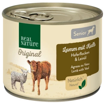 Nourriture pour animaux en conserve étiquetée "Real Nature Original" présentant "Lamm mit Kalb" (Agneau avec Veau) avec des flocons d'avoine et des graines de lin, adaptée aux seniors.