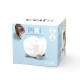 Emballage de la fontaine à boire pour chats Catit Pixi présentant une fontaine blanche avec un design de visage de chat, et un chat tigré en arrière-plan.
