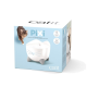 Emballage de la fontaine à boire pour chats Catit Pixi présentant une fontaine blanche avec un design de visage de chat, et un chat tigré en arrière-plan.