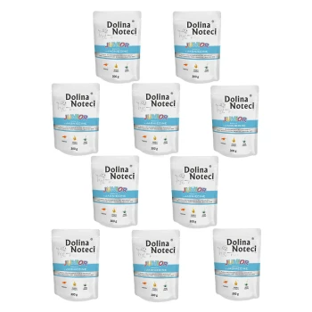 Dziesięć torebek karmy dla zwierząt Dolina Noteci Junior, każda 300g, z białym wzorem i niebieskimi akcentami oraz obrazkami składników.