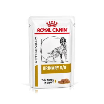Royal Canin Veterinary Urinary S/O Hundefutterbeutel mit einer Hundillustration, beschriftet mit "Dünne Scheiben in Soße."