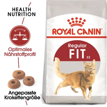 Regular Fit 32 400 g Royal Canin Regular Fit Katzenfutterbeutel mit einer verspielten orangefarbenen Katze, mit Text, der 'Health Nutrition' und 'Optimales Nährstoffprofil' hervorhebt.