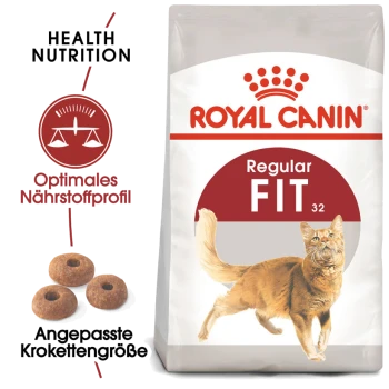 Royal Canin Regular Fit Katzenfutterbeutel mit einer verspielten orangefarbenen Katze, mit Text, der 'Health Nutrition' und 'Optimales Nährstoffprofil' hervorhebt.