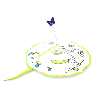 Weißes rundes Katzenspielzeug‑Matte mit neongrünem Rand, Text „Interactives“, Cartoon‑Katze und Blumen, lila Schmetterling an einer Feder