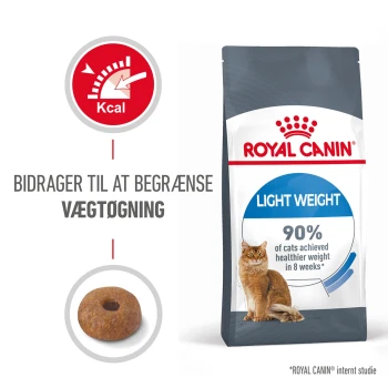 Royal Canin Light Weight Katzenfutterbeutel mit einem braunen Futterstück, mit dem Text "90 % der Katzen erreichten in 8 Wochen ein gesünderes Gewicht."