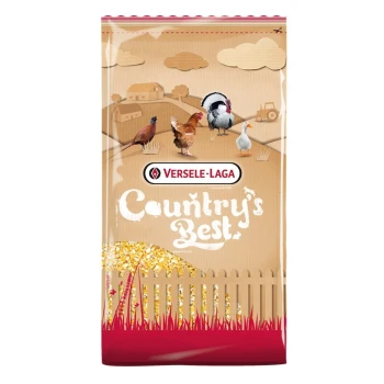 Eine Tüte Versele-Laga "Country's Best" Geflügelfutter mit Illustrationen eines Fasan, Huhn, Truthahn und Ente vor einem Bauernhof-Hintergrund.