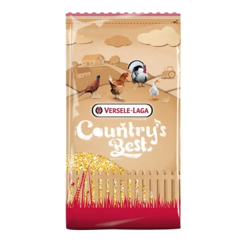 Un sac d'aliments pour volailles "Country's Best" de Versele-Laga avec des illustrations d'un faisan, d'un poulet, d'une dinde et d'un canard sur fond de ferme.