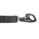 Nahaufnahme einer schwarzen Hundeleine mit einem Metallclip, auf dem "RUFFWEAR" eingraviert ist, zeigt strapazierfähige Nähte und Design.