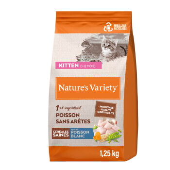 Sac de nourriture pour chaton Nature's Variety avec poisson blanc désossé, céréales saines, 1,25 kg, nouvelle étiquette saveur poisson blanc.