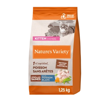 Sac de nourriture pour chaton Nature's Variety avec poisson blanc désossé, céréales saines, 1,25 kg, nouvelle étiquette saveur poisson blanc.