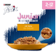 Afbeelding van een gele kom gevuld met kattenvoer met gescheurde kip in gelei, met tekst 'Felix Junior mit Huhn IN GELEE' en '2-12 Monate.'