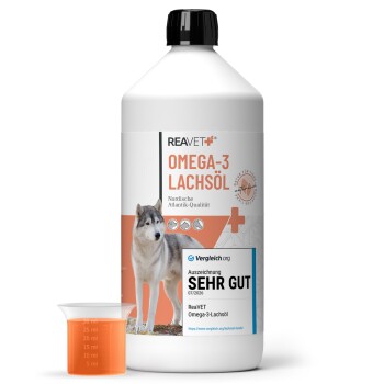 ReaVET Omega-3 Lachsöl für Hunde, mit einem Husky-Etikett, Messbecher und Text: "Nordische Atlantik-Qualität," "AUSZEICHNUNG SEHR GUT 02/2025."