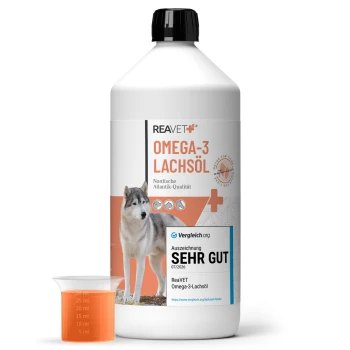 ReaVET Omega-3 Lachsöl für Hunde, mit einem Husky-Etikett, Messbecher und Text: "Nordische Atlantik-Qualität," "AUSZEICHNUNG SEHR GUT 02/2025."