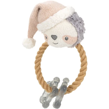 A plush dog toy featuring a soft, smiling face with a Santa hat, attached to a durable rope with clear, textured ends for chewing.
