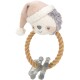 A plush dog toy featuring a soft, smiling face with a Santa hat, attached to a durable rope with clear, textured ends for chewing.