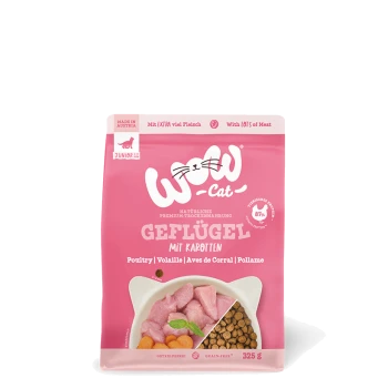 Verpackung für WOW-Cat Geflügel mit Karotten, mit pinkem Design, mit Bildern von Fleisch und Trockenfutter. 325g.