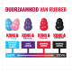 KONG-rubber duurzaamheidsgrafiek: Puppy-, Senior-, Classic- en Extreme-speeltjes met kauwlabels en de schaal 'ZACHT → STEVIG'