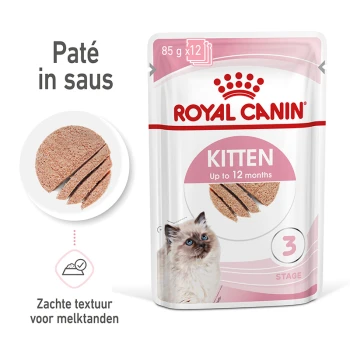 Royal Canin Kitten natvoer zakje, 85g x 12, met zachte pâté in saus, geschikt voor kittens tot 12 maanden.