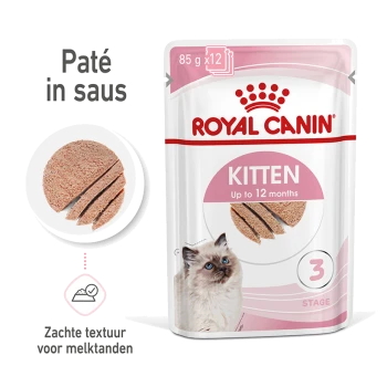 Royal Canin Kitten natvoer zakje, 85g x 12, met zachte pâté in saus, geschikt voor kittens tot 12 maanden.