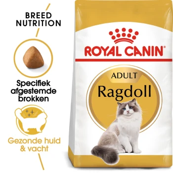 Royal Canin Ragdoll kattenvoerzak met een afbeelding van een Ragdoll kat, met tekst die de voeding voor het ras en voordelen voor een gezonde huid en vacht benadrukt.