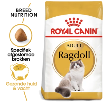 Royal Canin Ragdoll kattenvoerzak met een afbeelding van een Ragdoll kat, met tekst die de voeding voor het ras en voordelen voor een gezonde huid en vacht benadrukt.