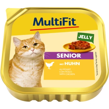 Verpackung für Katzenfutter mit einer roten Katze, beschriftet "MultiFit Senior mit Huhn" mit Gelee und Huhn sowie einem Teller mit Futter.