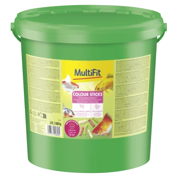 Grüner Eimer MultiFit Colour Sticks Fischfutter für Zierfische, 10L/800g, mit Bildern bunter Fische auf dem Etikett.