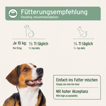 Fütterungsempfehlung: ½ TL/10 kg (Hund), ¼ TL täglich (Katze). Lächelnder Hund; Einfach ins Futter mischen; hohe Akzeptanz