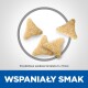 Cztery trójkątne przysmaki dla zwierząt w okrągłej ramce z napisem "WSPANIAŁY SMAK" i rozmiarem "5 x 11mm" poniżej.