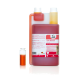 Flasche mit 'vita-Keimöl' Hundefutterergänzungsmittelöl mit roßer Flüssigkeit und einer kleineren Ampulle, die ernährungsphysiologische Vorteile und Inhaltsstoffe zeigt.