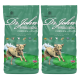 Zwei Beutel Dr. John hypoallergenes Hundefutter mit Huhn und Hafer, jeweils 4 kg, mit einer Illustration eines laufenden Hundes und ernährungsphysiologischen Angaben.