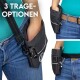Schwarze Haustier-Zubehörtasche mit verstellbarem Riemen, die drei Trageoptionen zeigt, getragen von einer Person in einem türkisfarbenen Shirt und Jeans.