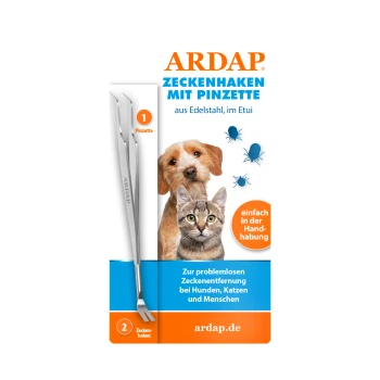 ARDAP Zeckenentfernungskit mit Edelstahlhaken und Pinzetten, mit einem Katzenbild und Text über die einfache Handhabung für Haustiere und Menschen.