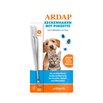 Kit de retrait de tiques ARDAP avec des crochets et des pinces en acier inoxydable, avec une image de chat et un texte sur la manipulation facile pour les animaux de compagnie et les humains.