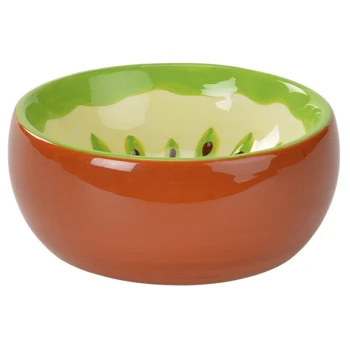 Ceramic pet bowl with a brown exterior and a green interior featuring a playful design resembling a watermelon.
