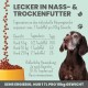 Lecker in Nass- & Trockenfutter Verpackung mit Fütterungshinweisen für Hunde basierend auf Gewicht, mit einem braunen Hund und Trockenfutter.
