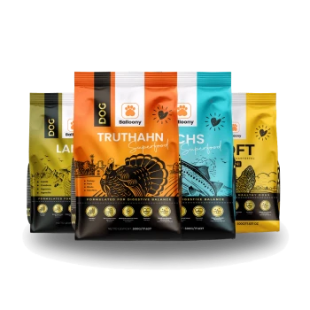 Vier bunte Hundefutterbeutel von Balloony, beschriftet mit "Lamm," "Truthahn Superfood," "Fisch" und "Soft," die die Verdauungsbalance hervorheben.
