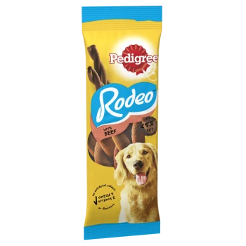 Pedigree Rodeo dog treats packaging featuring a golden retriever, with text highlighting "with beef" and "5% fat."