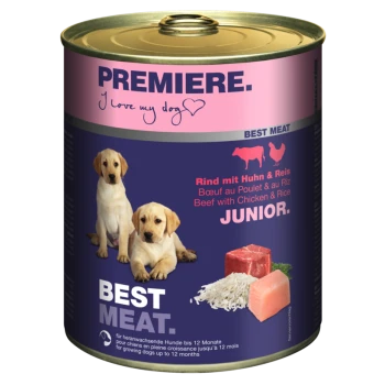Dose "Premiere" Hundefutter für Junioren, beschriftet mit "Rind mit Huhn & Reis," mit Welpen und Zutatenbildern.