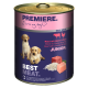 Dose "Premiere" Hundefutter für Junioren, beschriftet mit "Rind mit Huhn & Reis," mit Welpen und Zutatenbildern.