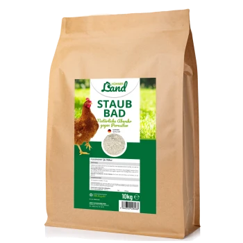 Braune Papiertüte mit der Aufschrift 'Hühner Land STAUB BAD' und einer Hühnergrafik, die natürlichen Parasiten-Schutz bewirbt, 10kg.