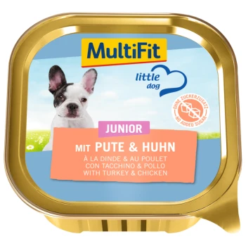 Haustierfutterbehälter mit einem Französischen Bulldoggen auf Gras. Etikett: "MultiFit kleine Hunde JUNIOR mit PUTE & HUHN," ohne Zuckerzusatz.