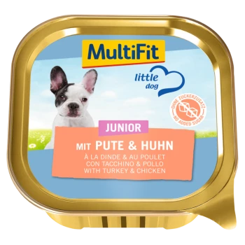 Haustierfutterbehälter mit einem Französischen Bulldoggen auf Gras. Etikett: "MultiFit kleine Hunde JUNIOR mit PUTE & HUHN," ohne Zuckerzusatz.