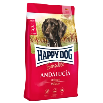 Tüte Happy Dog Sensible Andalucía Erwachsenen-Hundefutter für Hunde ab 11 kg, hergestellt in Deutschland, mit Iberico-Schwein.