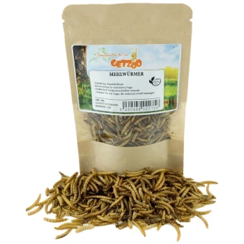 Mehlwürmer 25g Eine Tüte mit getrockneten Mehlwürmern, beschriftet mit "GETZOO MEHLWÜRMER", mit Text, der ihre natürliche Proteinquelle für kleine Nagetiere hervorhebt, 25 g Gewicht.