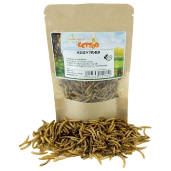 Eine Tüte mit getrockneten Mehlwürmern, beschriftet mit "GETZOO MEHLWÜRMER", mit Text, der ihre natürliche Proteinquelle für kleine Nagetiere hervorhebt, 25 g Gewicht.