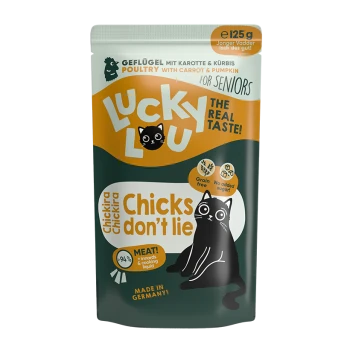 Beutel mit Lucky Lou Katzenfutter für Senioren, mit Geflügel, Karotte und Kürbis, gekennzeichnet mit "Hühner lügen nicht", getreidefrei, 94% Fleisch, hergestellt in Deutschland.