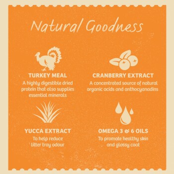 Infographic titled "Natural Goodness" showcasing Turkey Meal, Cranberry Extract, Yucca Extract, and Omega 3 & 6 Oils with their benefits.